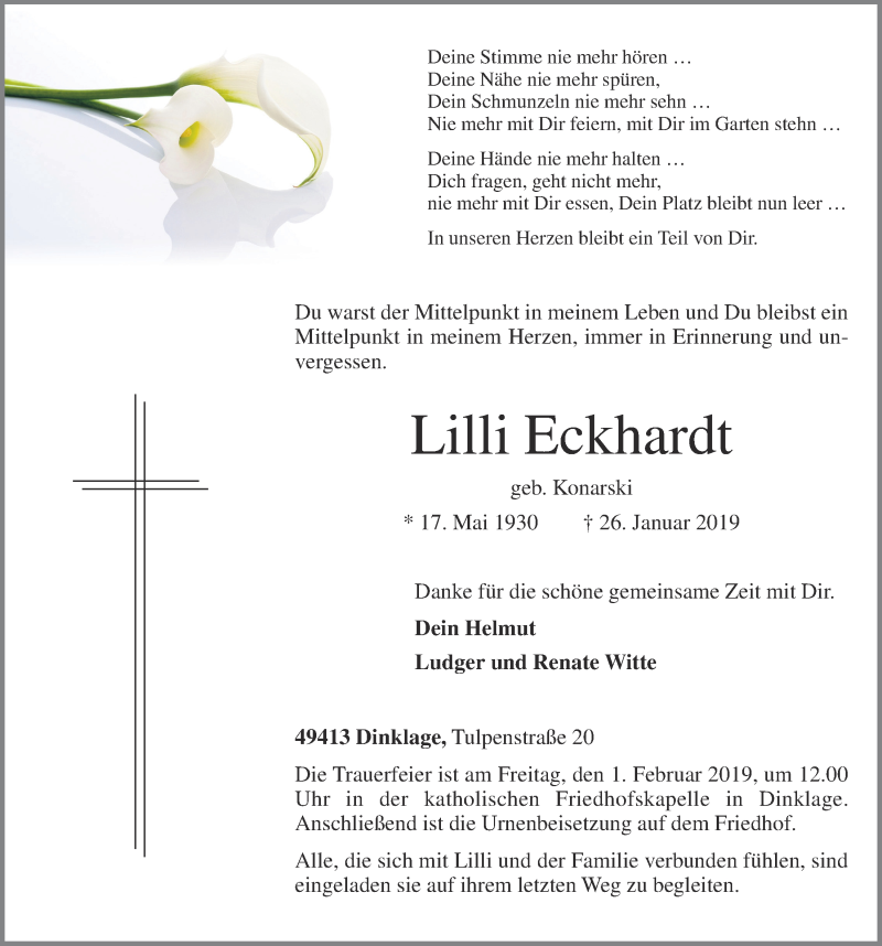  Traueranzeige für Lilli Eckhardt vom 28.02.2019 aus OM-Medien