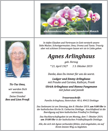 Anzeige von Agnes Arlinghaus von OM-Medien
