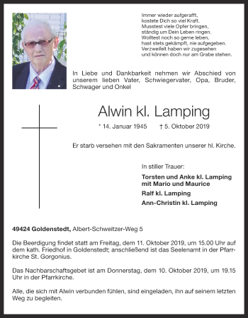 Anzeige von Alwin Lamping von Oldenburgische Volkszeitung