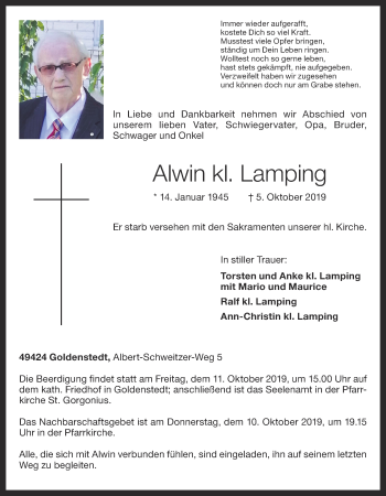 Anzeige von Alwin Lamping von OM-Medien