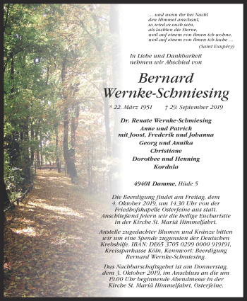 Anzeige von Bernard Wernke-Schmiesing von OM-Medien