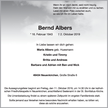 Anzeige von Bernd  Albers von OM-Medien