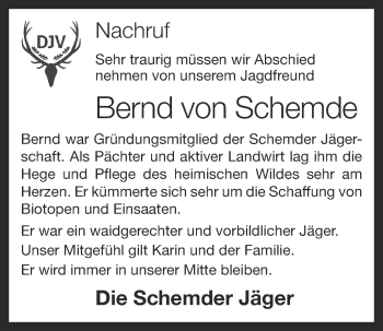 Anzeige von Bernd von Schemde von Oldenburgische Volkszeitung