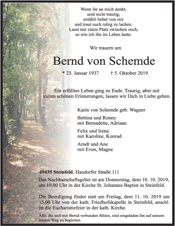 Anzeige von Bernd von Schemde von Oldenburgische Volkszeitung