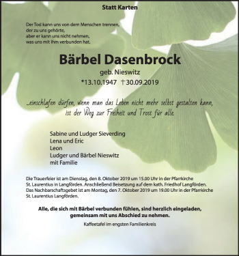 Anzeige von Bärbel Dasenbrock von OM-Medien