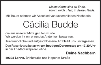 Anzeige von Cäcilia Budde von OM-Medien
