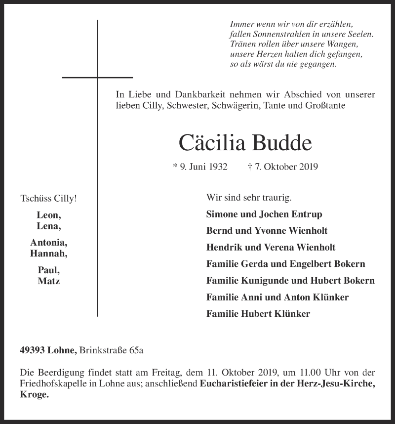  Traueranzeige für Cäcilia Budde vom 09.10.2019 aus OM-Medien