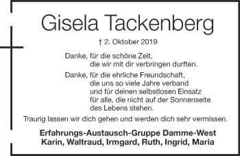 Anzeige von Gisela Tackenberg von OM-Medien