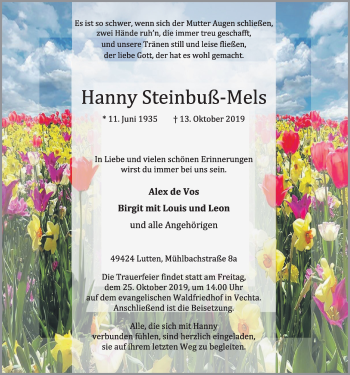 Anzeige von Hanny Steinbuß-Mels von OM-Medien