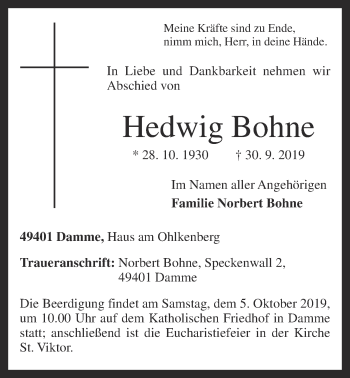 Anzeige von Hedwig Bohne von OM-Medien
