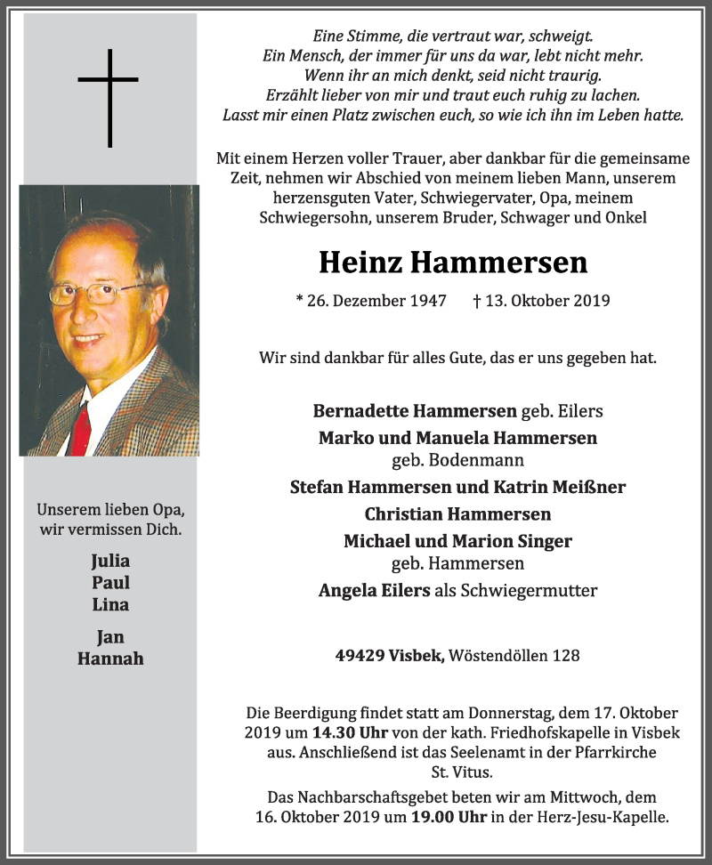  Traueranzeige für Heinz Hammersen vom 15.10.2019 aus OM-Medien