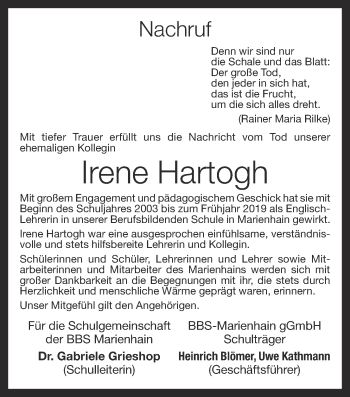 Anzeige von Irene Hartogh von OM-Medien