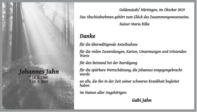  Traueranzeige für Johannes Jahn vom 12.10.2019 aus OM-Medien