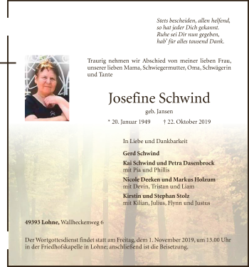 Anzeige von Josefine Schwind von OM-Medien