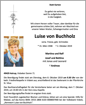 Anzeige von Luise von Buchholz von OM-Medien