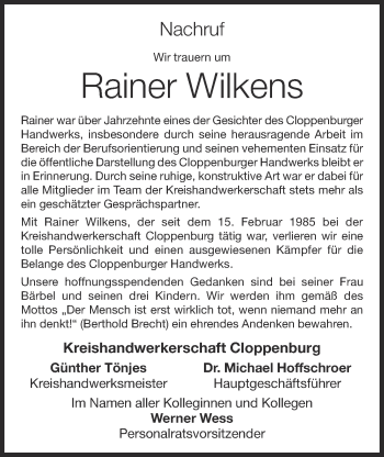 Anzeige von Rainer Wilkens von OM-Medien