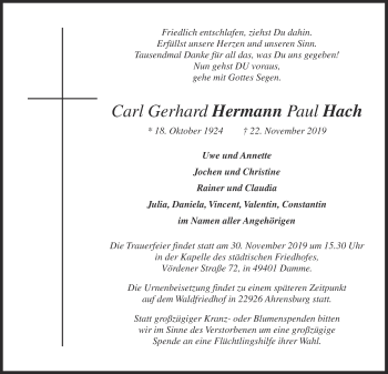 Anzeige von Carl Gerhard Hermann Paul Hach von OM-Medien