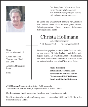 Anzeige von Christa Hollmann von OM-Medien