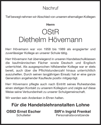 Anzeige von Diethelm Hövemann von OM-Medien