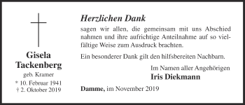 Anzeige von Gisela Tackenberg von OM-Medien
