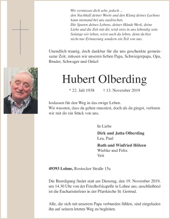 Anzeige von Hubert Olberding von OM-Medien