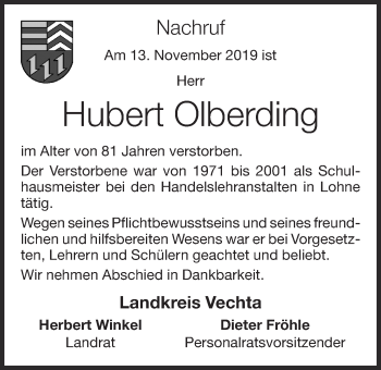 Anzeige von Hubert Olberding von OM-Medien
