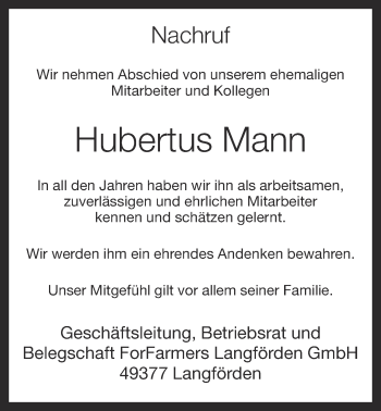 Anzeige von Hubertus Mann von OM-Medien