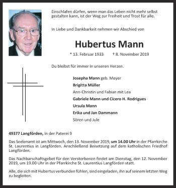 Anzeige von Hubertus Mann von OM-Medien