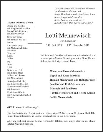 Anzeige von Lotti Mennewisch von OM-Medien