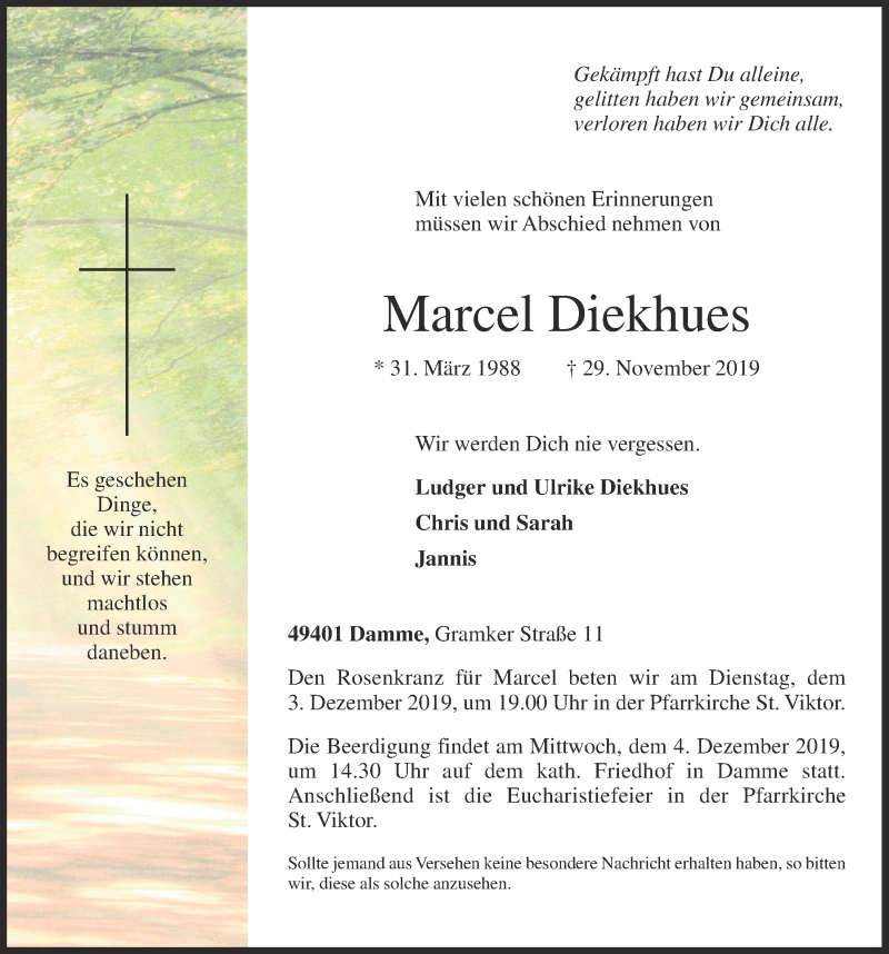  Traueranzeige für Marcel Diekhues vom 30.11.2019 aus OM-Medien