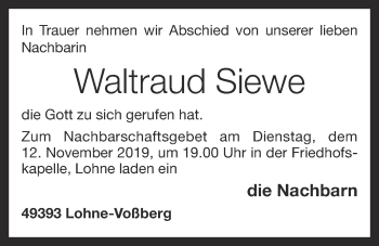 Anzeige von Waltraud Siewe von OM-Medien