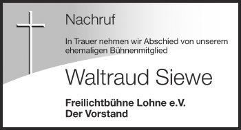 Anzeige von Waltraud Siewe von OM-Medien