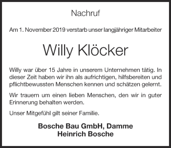 Anzeige von Willy Klöcker von OM-Medien