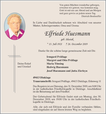 Anzeige von Elfriede Huesmann von OM-Medien