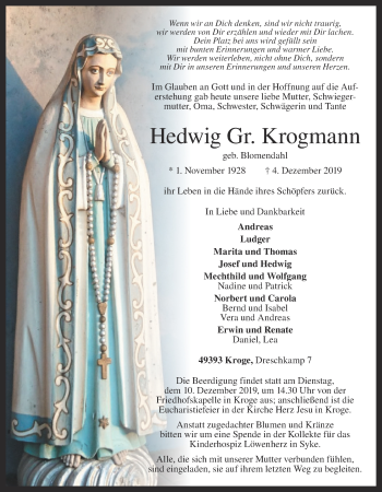 Anzeige von Hedwig Krogmann von OM-Medien