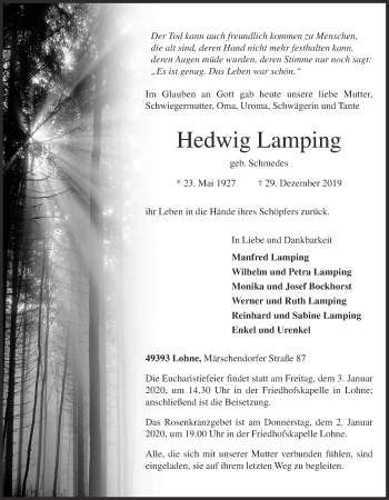 Anzeige von Hedwig Lamping von OM-Medien