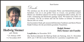 Anzeige von Hedwig Siemer von OM-Medien