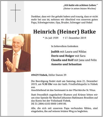 Anzeige von Heinrich Batke von OM-Medien