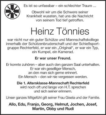 Anzeige von Heinz Tönnies von OM-Medien