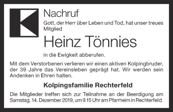 Anzeige von Heinz Tönnies von OM-Medien