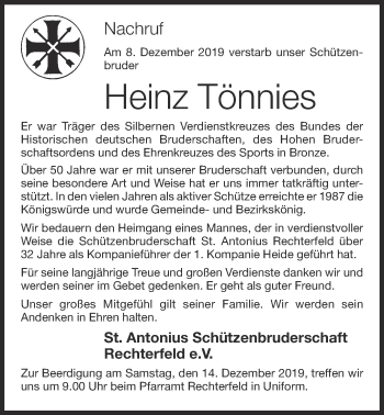 Anzeige von Heinz Tönnies von OM-Medien