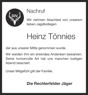 Anzeige von Heinz Tönnies von OM-Medien