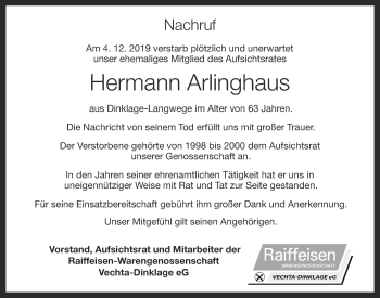 Anzeige von Hermann Arlinghaus von OM-Medien