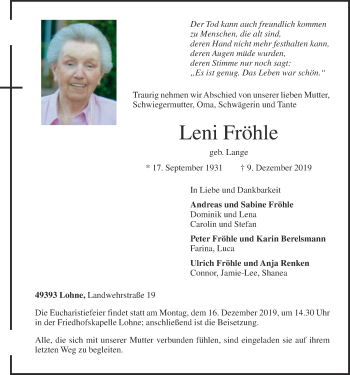 Anzeige von Leni Fröhle von OM-Medien