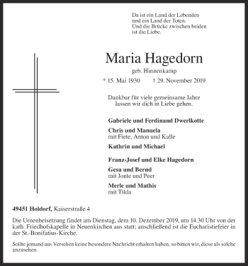 Anzeige von Maria Hagedorn von OM-Medien