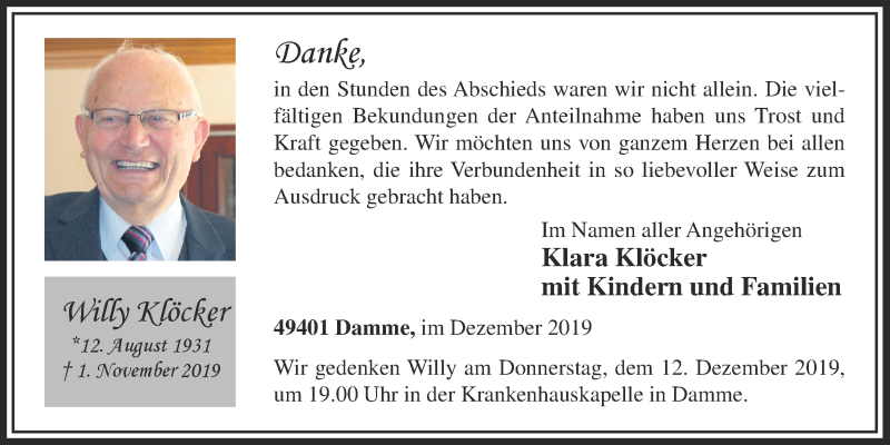 Traueranzeige für Willy Klöcker vom 11.12.2019 aus OM-Medien