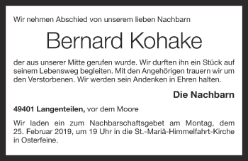 Anzeige von Bernard Kohake von OM-Medien