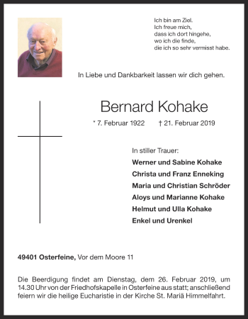 Anzeige von Bernard Kohake von OM-Medien