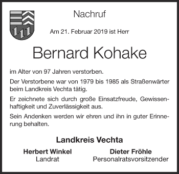 Anzeige von Bernardq Kohake von OM-Medien