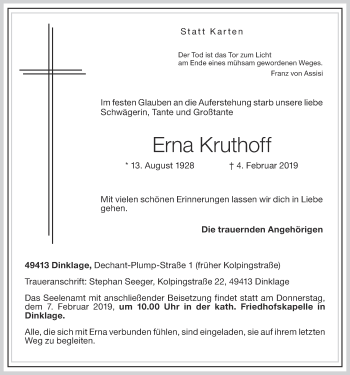 Anzeige von Erna Kruthoff von OM-Medien